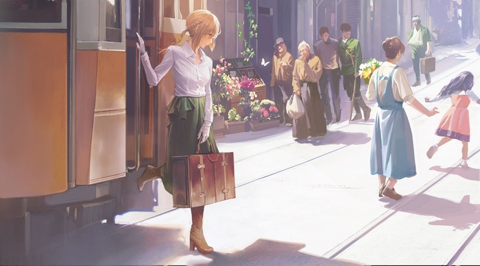 Violet Evergarden boarding a tram with luggage
