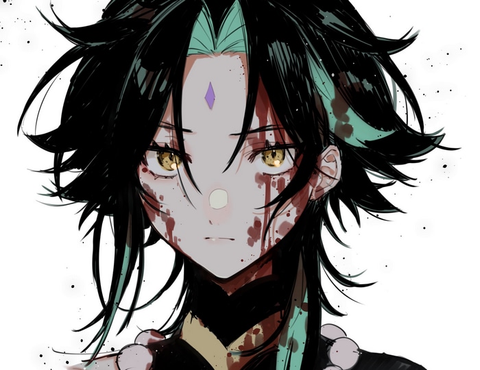 Xiao from Genshin Impact with blood splatters