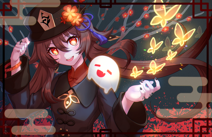 Hu Tao from Genshin Impact with a ghost and butterflies