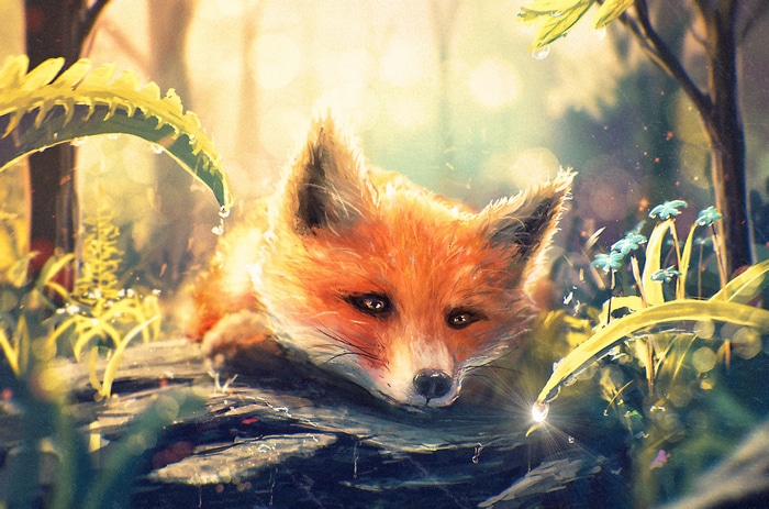 A fox rests on a log in a sunlit forest