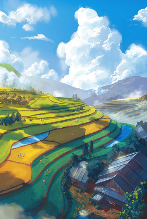 Terraced rice fields under a bright blue sky with clouds