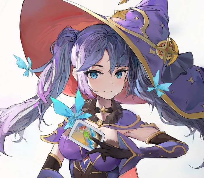 Mona from Genshin Impact holding a card