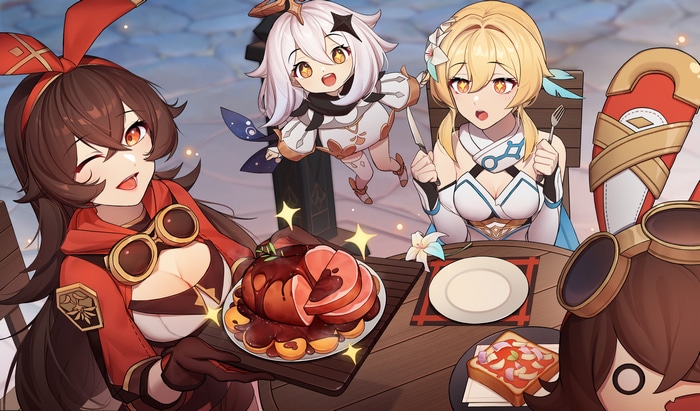 Genshin Impact: Amber, Lumine, and Paimon enjoy a meal