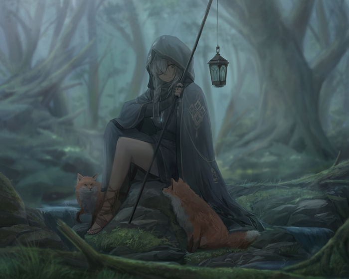 Girl in a cape with foxes in a misty forest