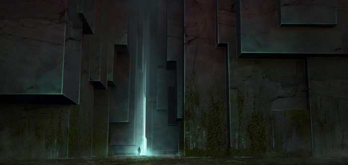 Silhouette in a glowing, alien cavern