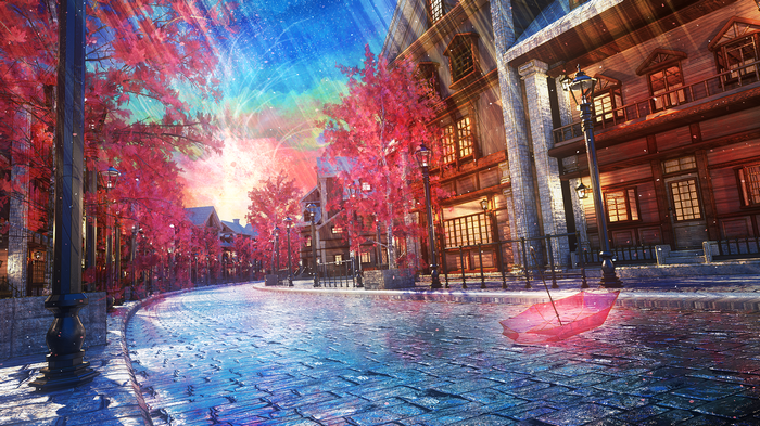 Cobblestone street with pink trees and umbrella
