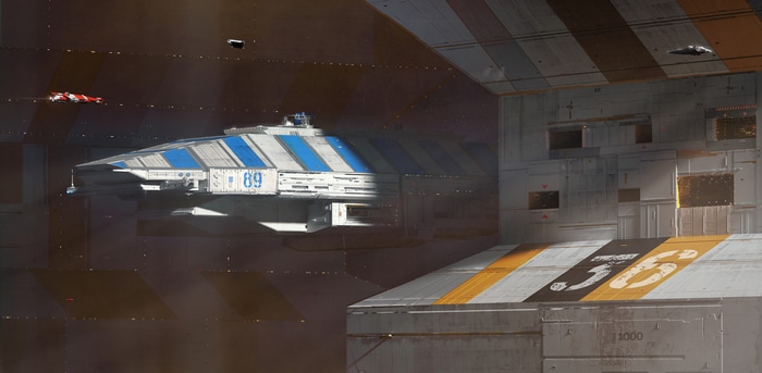 Spaceship with blue stripes and number 89