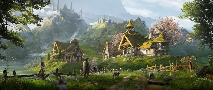 Pastoral village with a castle in the mountains