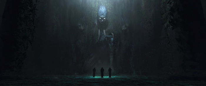 4K Cave with Giant Statue and Glowing Eyes