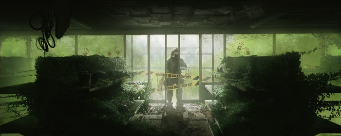 Post-apocalyptic scene with a person in a hazmat suit