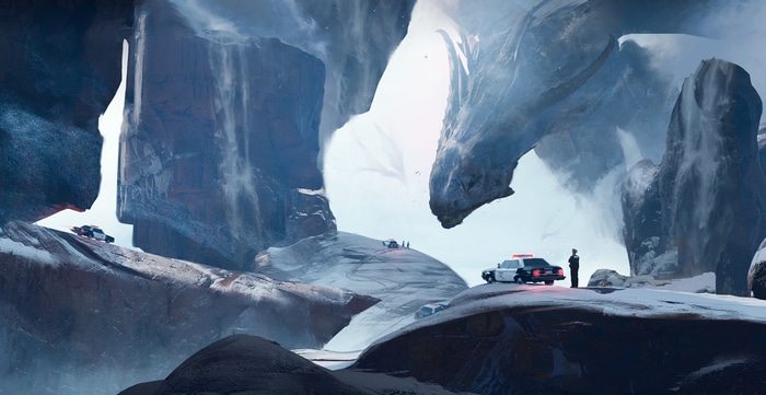 4K Dragon and Police in Snowy Mountains