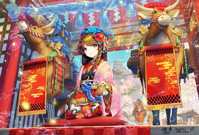 Anime Girl in Kimono with Ox Decorations
