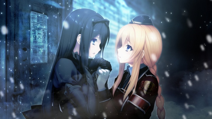 Two women holding hands in the snow