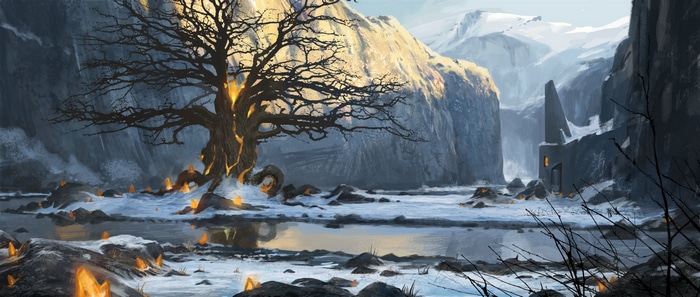 Winter landscape with a bare tree and ruins