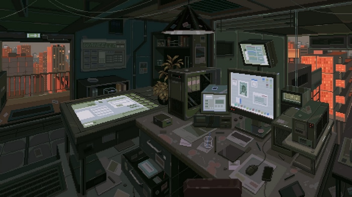 Pixel art office with city view by Waneella