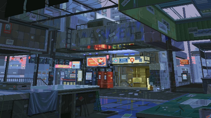 Pixel art city market with stores and signs