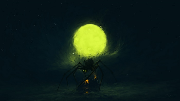 Giant spider in front of a glowing moon