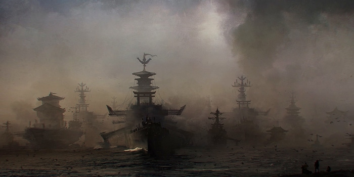 Fleet of warships in a foggy sea