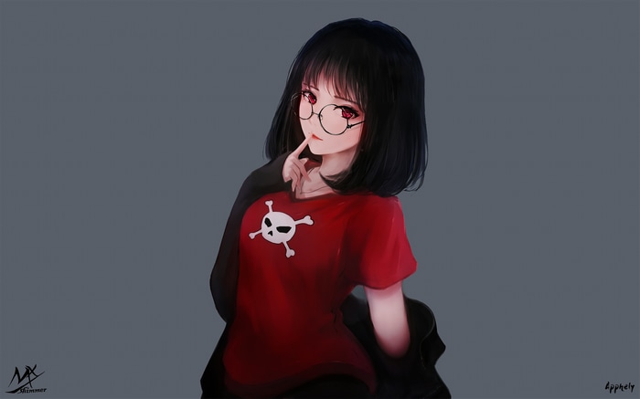 Girl with glasses and skull T-shirt