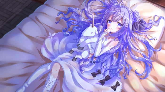 Azur Lane girl with purple hair holding a unicorn plushie