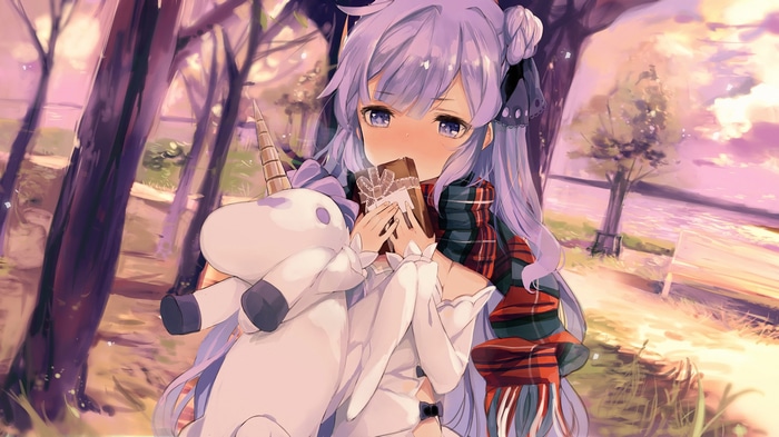 Azur Lane girl eating chocolate with a unicorn plush