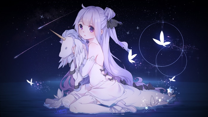 Girl with Unicorn in a Starry Night Sky