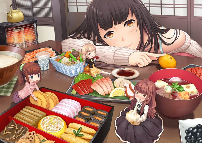 Anime girls enjoying a Japanese New Year's meal