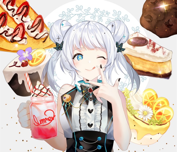 Anime girl with desserts and drinks