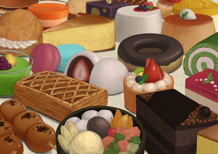 A variety of delicious desserts and sweets on a table