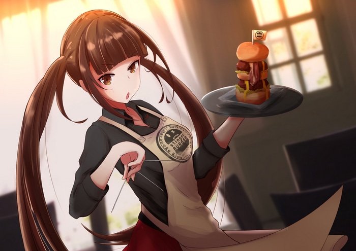 Anime girl serving a tall burger