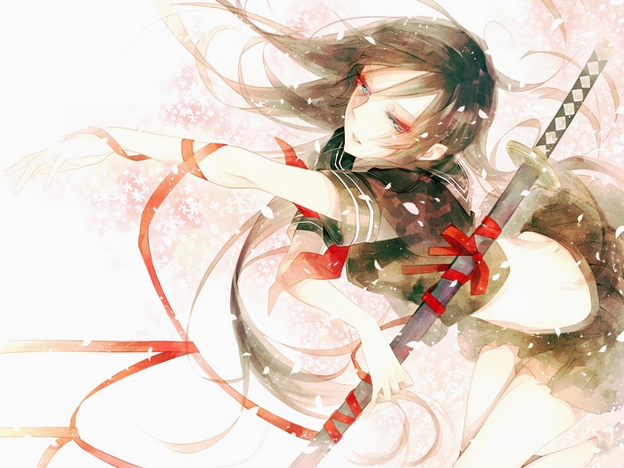 Anime girl with katana and red ribbons