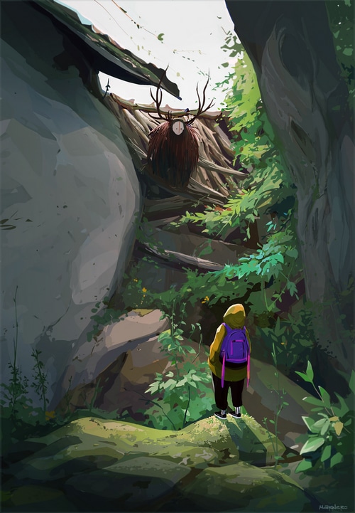 Fantasy art of a person and a creature in a forest