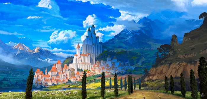 4K castle with mountains and trees