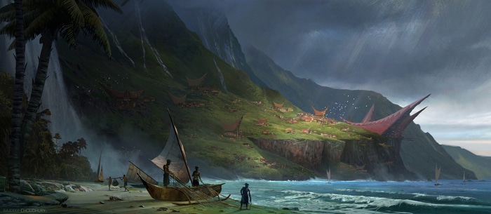 Artwork of a coastal village with boats and mountains