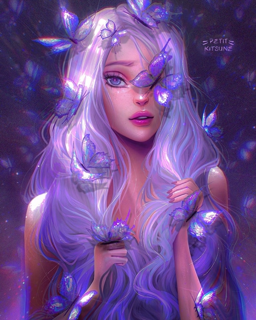 Woman surrounded by iridescent purple butterflies
