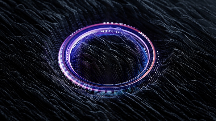 Abstract futuristic purple ring on black data waves