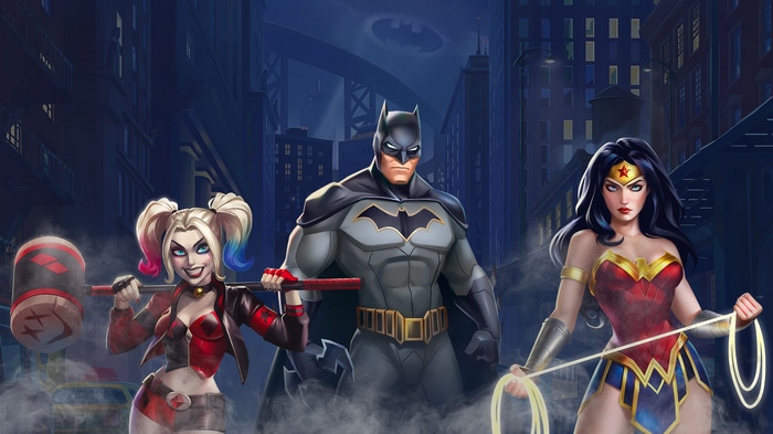 Batman, Wonder Woman, and Harley Quinn in Gotham City