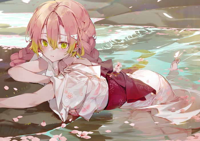 Mitsuri Kanroji in water with cherry blossoms