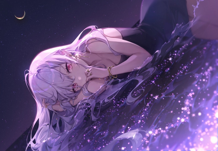 4K anime girl with purple hair and pink eyes in water