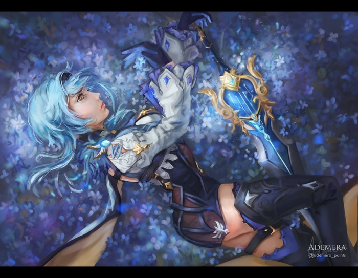 Eula from Genshin Impact lying in flowers with a sword