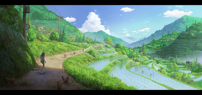 Girl skateboarding through terraced rice fields with chickens