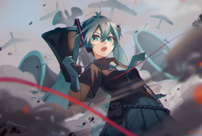 Hatsune Miku with Megaphone in a War-Torn Sky