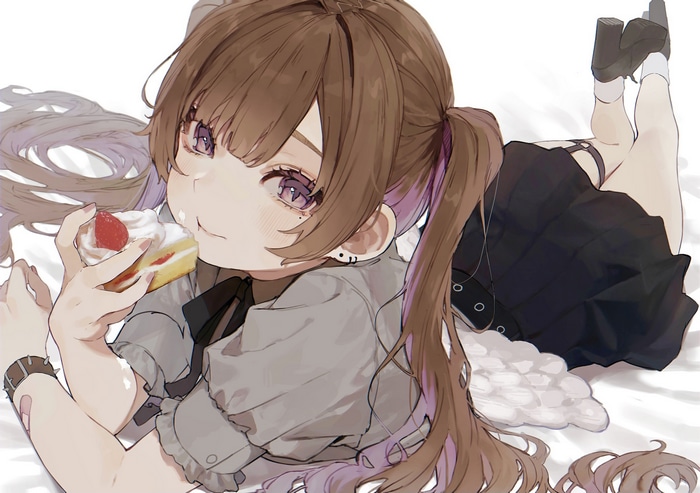 Anime girl with twintails eating cake