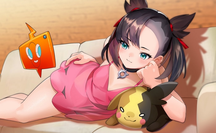 Marnie with Morpeko and Rotom on a couch