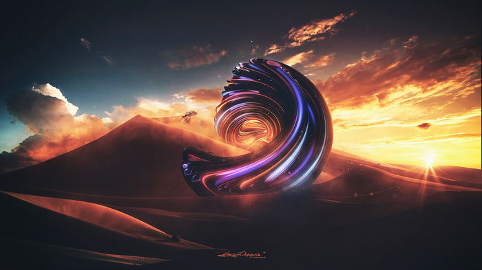 Abstract glowing twist in a desert landscape at sunset