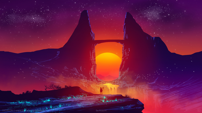Fantasy landscape with a girl and a waterfall at sunset