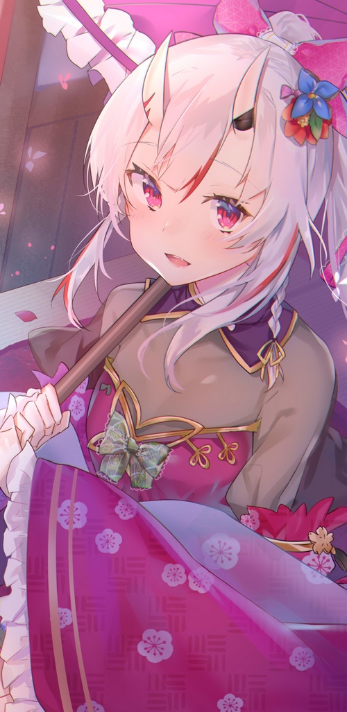 Nakiri Ayame holding a pink umbrella