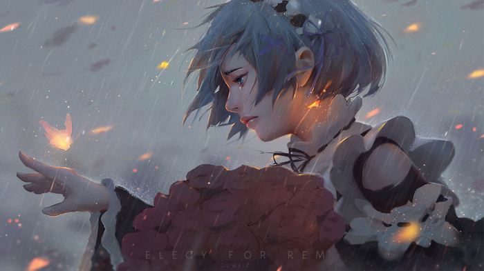 Rem from Re:Zero in the rain with a butterfly