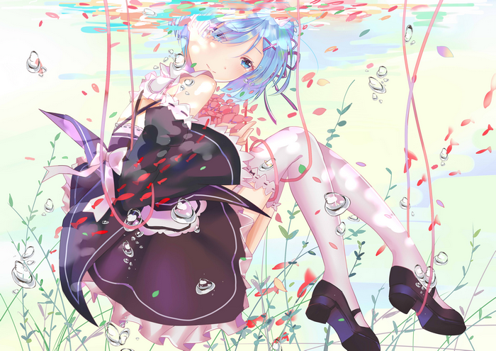 Rem from Re:Zero underwater with flowers