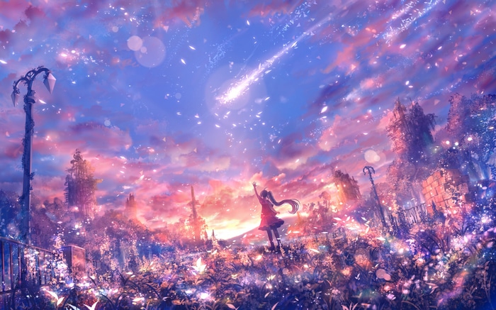 Girl Reaching for Shooting Star in Fantasy Sky